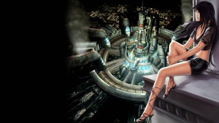 Woman sitting ledged cityscape futuristic - a futuristic city in the background free wallpaper for desktop