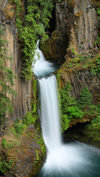 Waterfall cascading forest trees rocks - free forest wallpaper