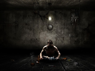 Man sitting dark room clock 2 - dark art free wallpaper