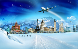 Plane snowy landscape people walking - over a snowy landscape free wallpaper