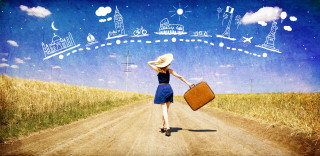 Woman suitcase dirtroad town sky - liminal free wallpaper