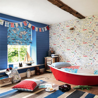Child bedroom red bathtub blue - maximalist free wallpaper