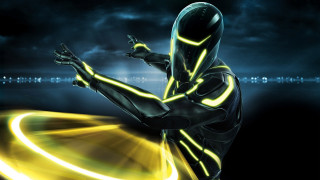 Futuristic man black suit yellow - his foot free wallpaper