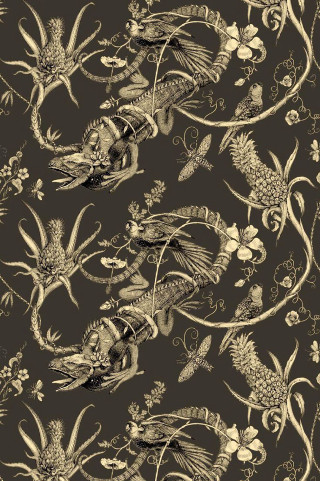 Dragon flowers pattern brown gold - movement free wallpaper
