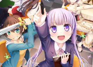 Anime girls checkered floor sword - a group of anime girls sitting next free wallpaper