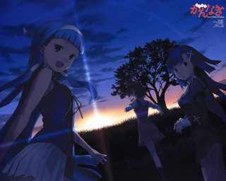 Anime girls sunset field trees - cloud and a sun free wallpaper