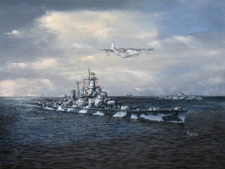 Battleship plane ocean cloudy sky - anton otto fischer free wallpaper