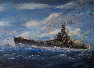 Battleship ocean birds smoke painting - awataguchi takamitsu free wallpaper