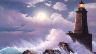 Lighthouse stormy night fullmoon wave - against the rock free wallpaper