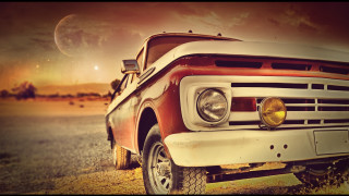 Red white truck dirt road 2 - free retro wallpaper