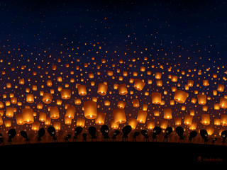 Lanterns field night sky trees - magical free wallpaper