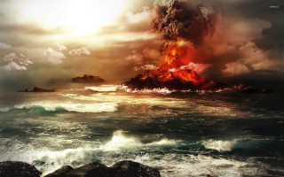 Volcano lava ocean waves sunset - matte painting free wallpaper