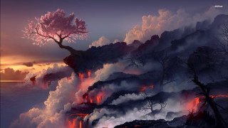 Volcano tree lava sunset painting - a sunset in the background free wallpaper for desktop