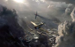 Airplanes flying city sky clouds 3 - league of legends concept art free wallpaper for desktop