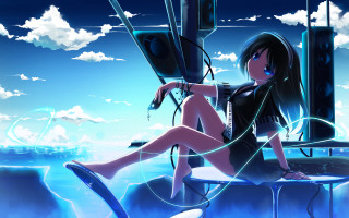 Girl sitting with computer anime - her hand and a sky background free wallpaper