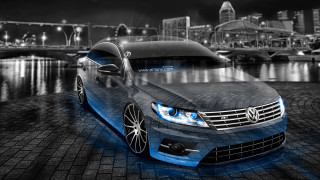 Blue car city skyline night - a blue car free wallpaper for desktop