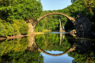 Bridge river trees water reflection - symmetrical balance free wallpaper