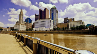 City skyline river bridge railing - a bridge in front free wallpaper
