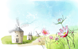 Windmill field flowers blue sky - beatrix potter free wallpaper for desktop