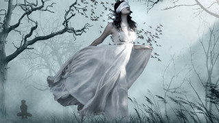 Woman white dress flying forest 2 - a man in the background free wallpaper for desktop