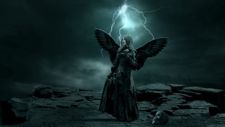 Woman wings field dog lightning - dark fantasy art free wallpaper