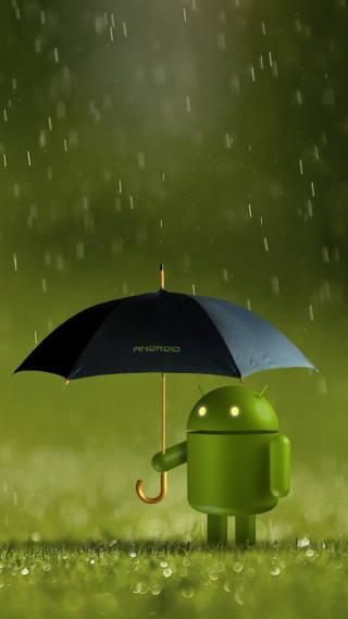 Green android character holding umbrella 6 - an umbrella in the rain free wallpaper for mobile