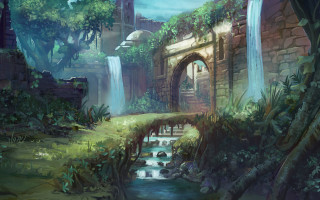 Waterfall bridge forest building painting - free spring wallpaper for desktop