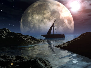 Boat floating water full moon - full moon free wallpaper