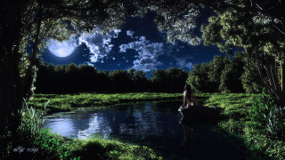 Person sitting log river night - dreamlike free wallpaper for desktop