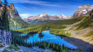Mountain lake trees background blue - tree and mountains free wallpaper for desktop