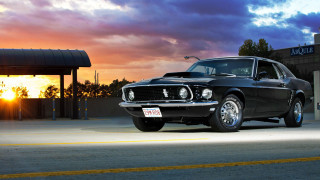 Black mustang sunset building clouds - a black mustang mustang free wallpaper