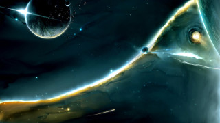 Space painting planets stars background - a distant star in the foreground free wallpaper