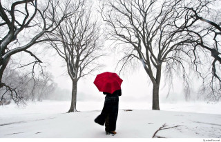 Person walking snow red umbrella - a foggy sky free wallpaper