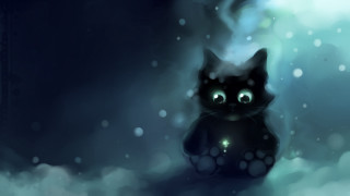 Black cat glowing eyes snow 3 - back leg free wallpaper