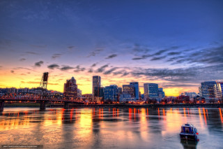 Boat city skyline sunset dawn - the water in front free wallpaper for desktop