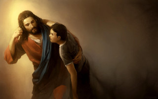 Man child cross light shining - canvas painting free wallpaper