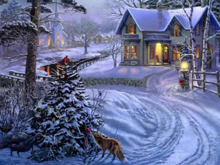 Snowy house dog christmas tree - kinkade free wallpaper