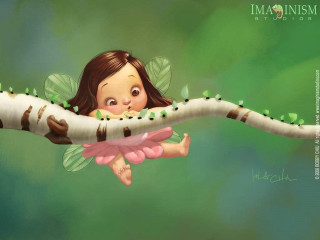 Girl branch caterpillar green background - digital painting free wallpaper for desktop