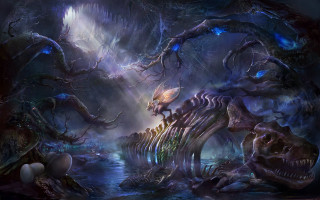 Dinosaur forest light skull painting - league of legends concept art free wallpaper for desktop
