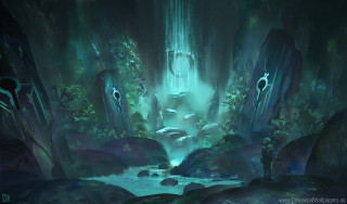 Man cave stream waterfall painting - a painting of a man free wallpaper