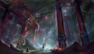 Futuristic city columns pillars painting - the middle of the room free wallpaper for desktop