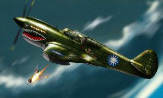 Green airplane shark mouth flying - matte drawing free wallpaper