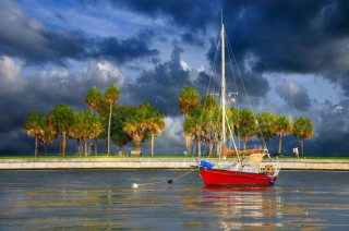 Red boat lake cloudy sky - top of a lake under a cloudy sky free wallpaper