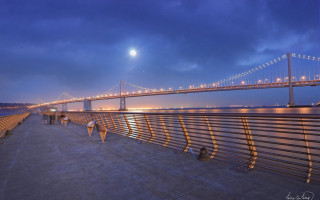 Bridge water night people walking - the side of it free wallpaper