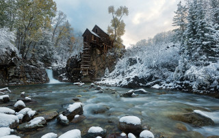 River waterfall wooden structure snow - covered free wallpaper