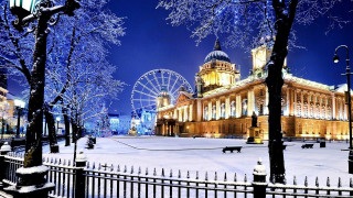 Snowy cityscape ferriswheel night bridge - a ferris free wallpaper