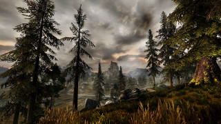 Forest mountain clouds sky painting - a painting of a forest free wallpaper for desktop