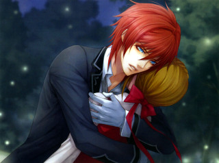 Anime couple hugging trees stars - the sky behind them free wallpaper