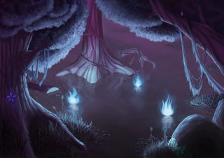 Forest fireflies trees bushes purple - a painting of a forest free wallpaper for desktop