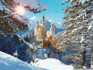 Castle snowy mountains trees sunshine - a bright sun free wallpaper